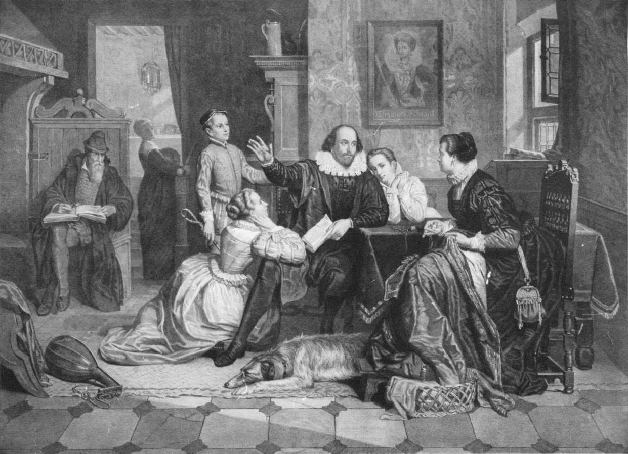llustration of William Shakespeare reciting his play Hamlet to his family. His wife, Anne Hathaway, is sitting in the chair on the right; his son Hamnet is behind him on the left; his two daughters Susanna and Judith are on the right and left of him.