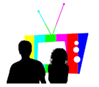 Silhouettes of two people in front of a colorful, retro TV with antennas.