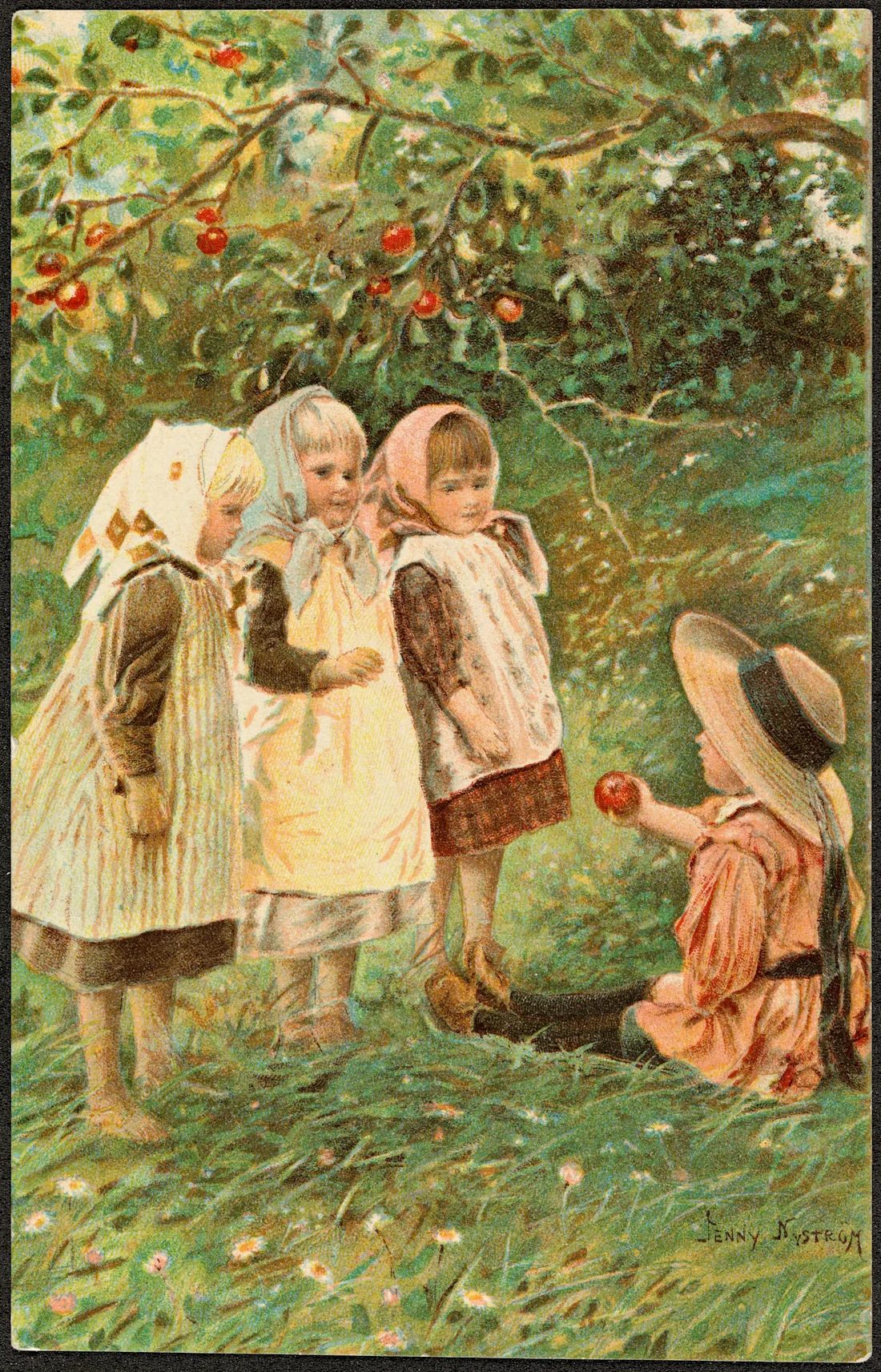 Four children in an orchard of red apples. Three wearing aprons and headscarves standing, and one wearing a broad rimmed straw hat, seated on the ground holding out an apple.