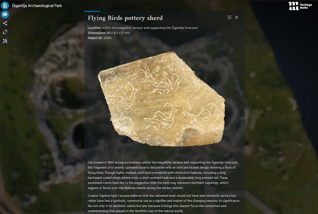 A pottery shard with white bird designs is displayed over text about the Goguryeo Archaeological Park.