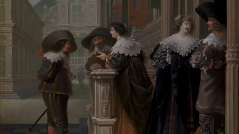 Five people in 17th-century attire converse in a grand, ornate outdoor setting with columns and arches.