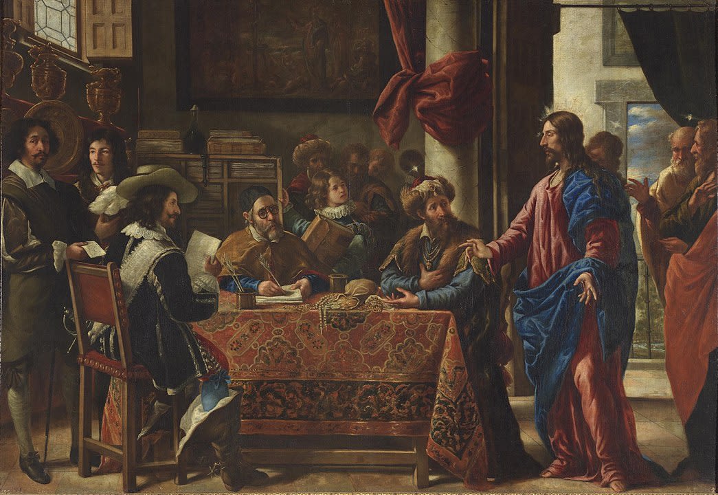 Tableau religieux représentant le Christ apparaissant dans le bureau du collecteur d'impôts et appelant Matthieu à le suivre. Juan de Pareja se peint lui-même dans la scène.