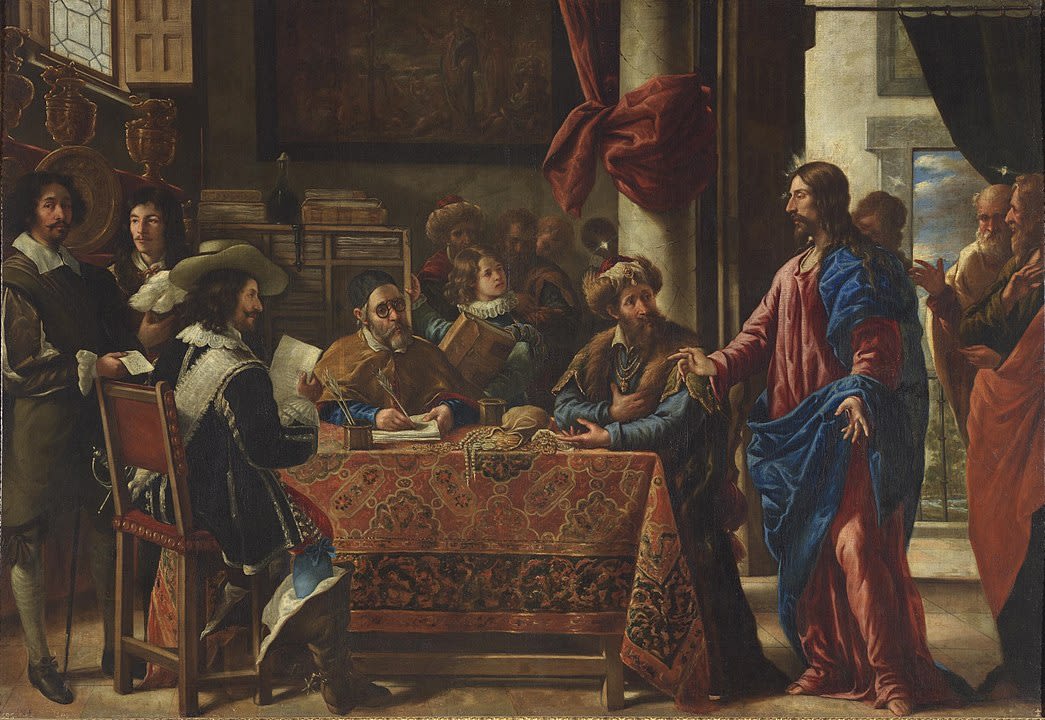 Tableau religieux représentant le Christ apparaissant dans le bureau du collecteur d'impôts et appelant Matthieu à le suivre. Juan de Pareja se peint lui-même dans la scène. 
