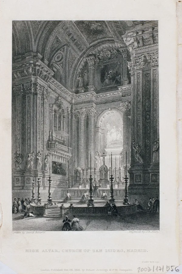 ilustración en blanco y negro, un altar alto en un gran espacio de la iglesia, con gente rezando.