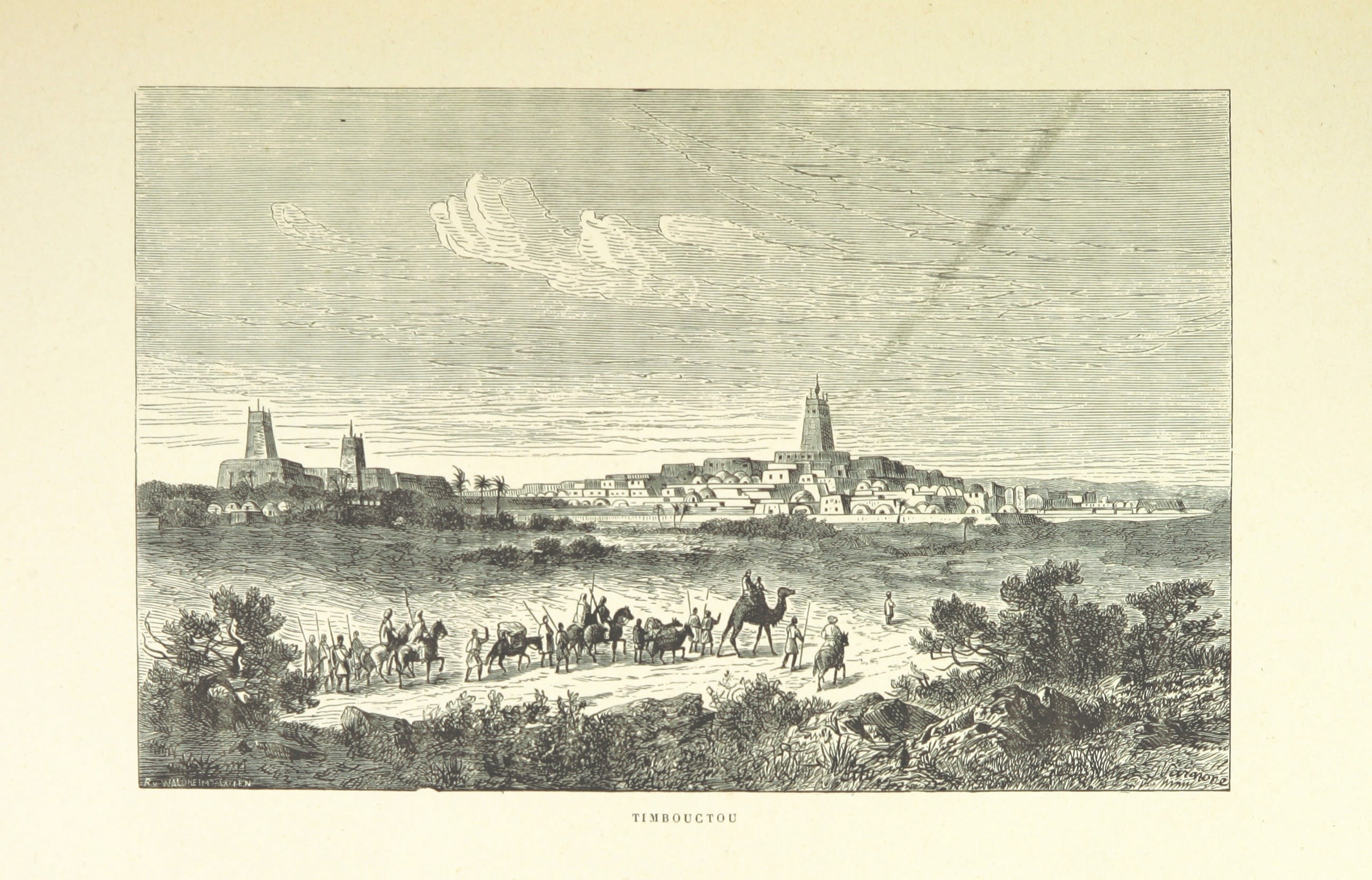 black and white illustration of a city in the desert with a line of people and camels in front