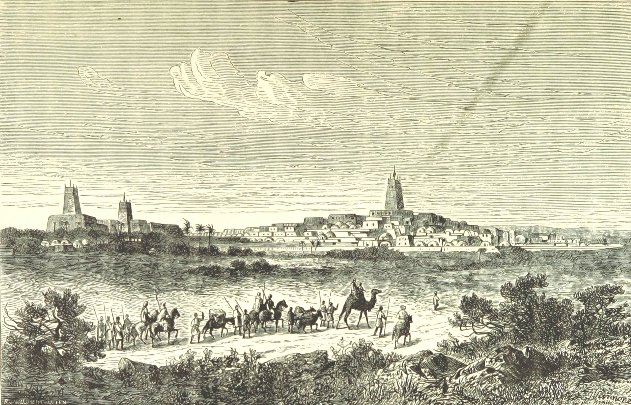 black and white illustration of a city in the desert with a line of people and camels in front.