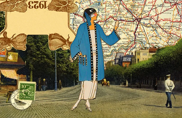 Collage showing maps, a postcard of Riga’s Todlebenboulevard, flowers, a fashion silhouette and a stamp