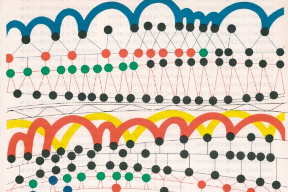 Abstract diagram featuring colorful arcs and interconnected black, green, red, and blue circles arranged in horizontal rows.