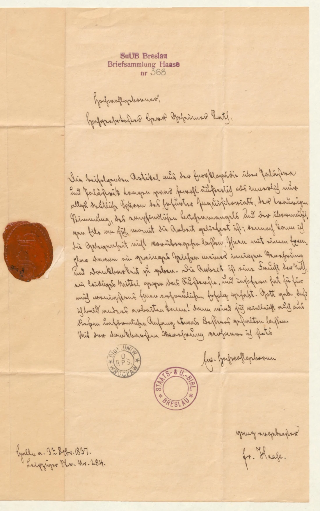 scan of a hand-written letter with a red wax seal