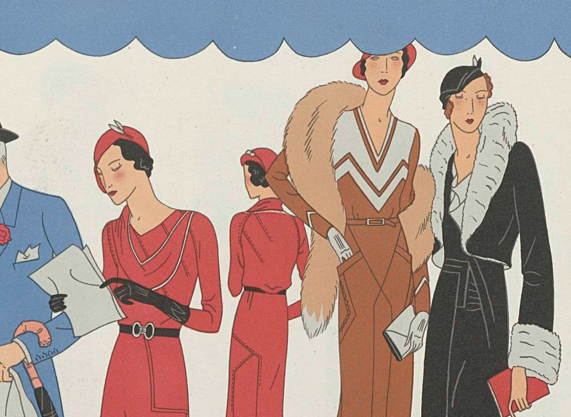 part of the front cover of a fashion magazine: stylised drawings of sleek women in fashionable thirties outfits