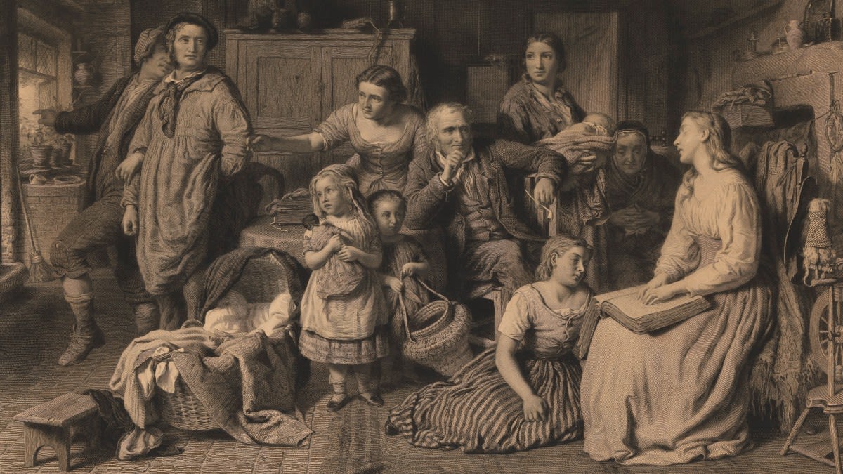 A blind girl reads the Bible by touch to her illiterate family in the dark; one man is tempted to go out and enjoy drunken revels in the daylight; representing light and darkness of the understanding