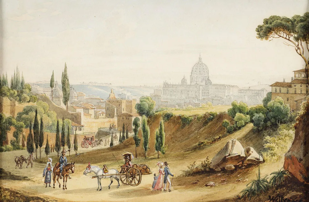 landscape painting showing people with horses and carts and St Peter's Basilica in Rome in the background