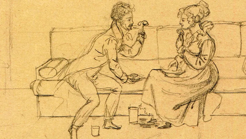 cropped image, a black and white sketch of a man sitting beside a woman on a sofa