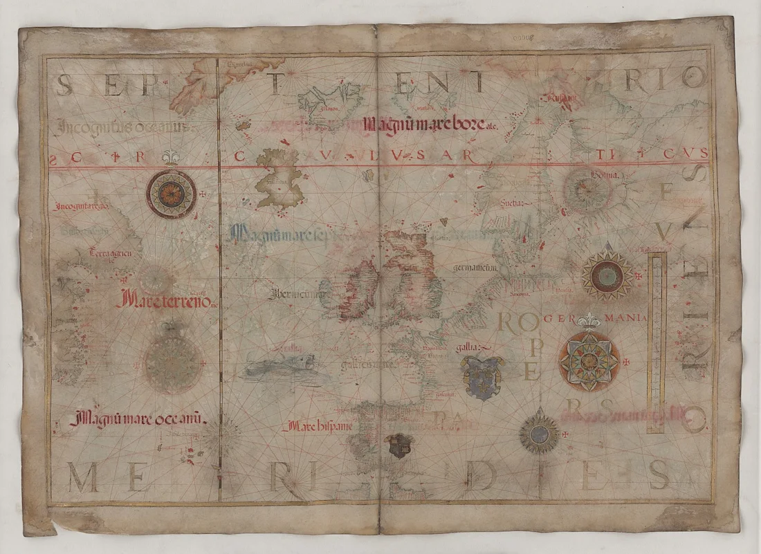 Faded antique map with decorative elements, Latin text, and a visible central crease.