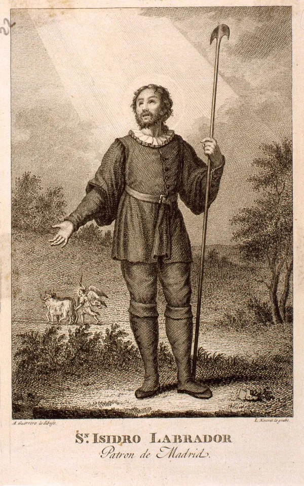 una ilustración, un retrato de San Isidro que está de pie en un campo, lleva una herramienta y la luz le ilumina desde el cielo.