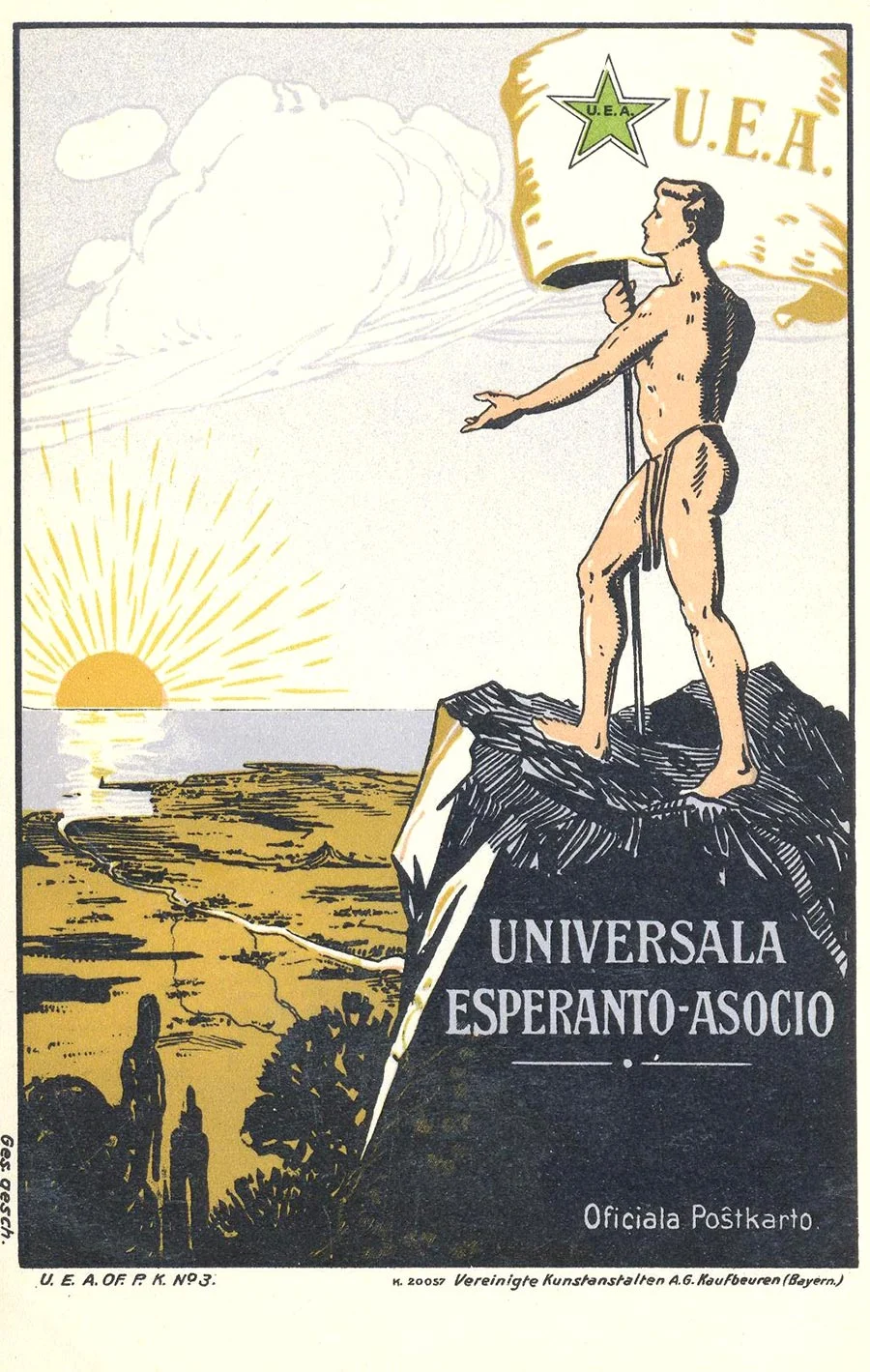 colour postcard with a figure holding a flag on a rock overlooking a landscape with sun setting into the sea beyond