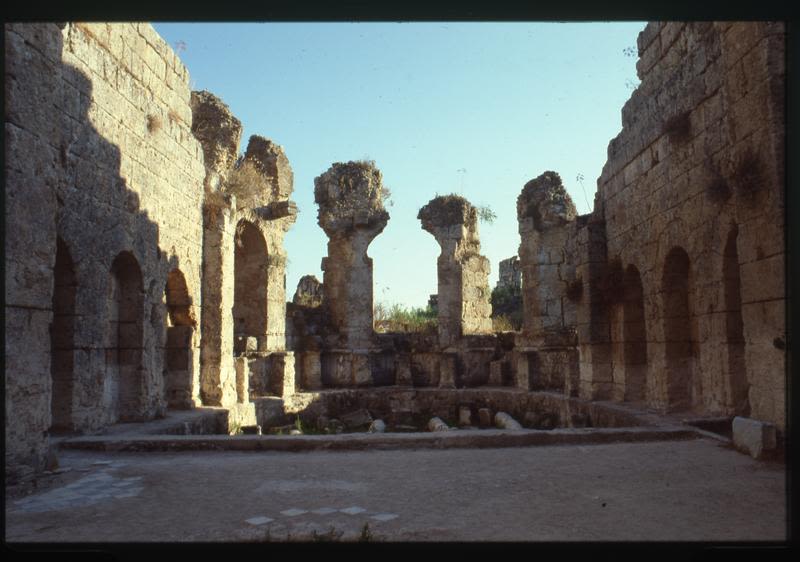 colour photograph of ruins of Roman baths