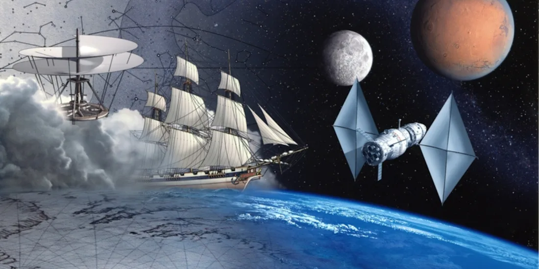 Ship and satellite in the sky above earth
