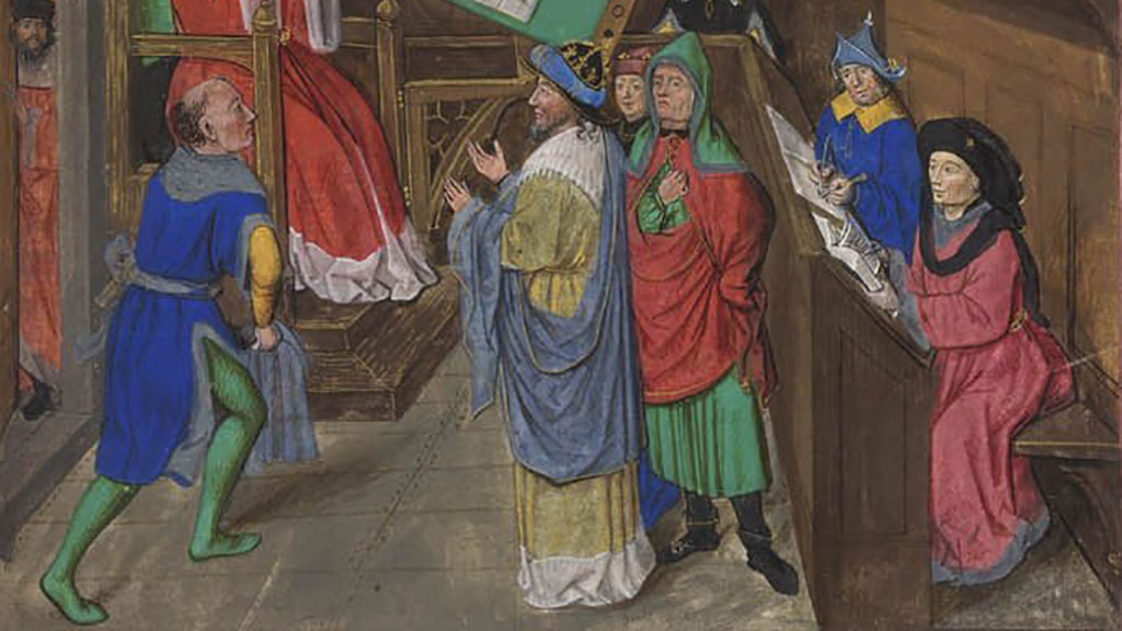 Aristoteles mezi jeho studenty. Miniatura na prvním listu Oresmeho překladu Aristotelovy Etiky v rukopise z konce 15. století