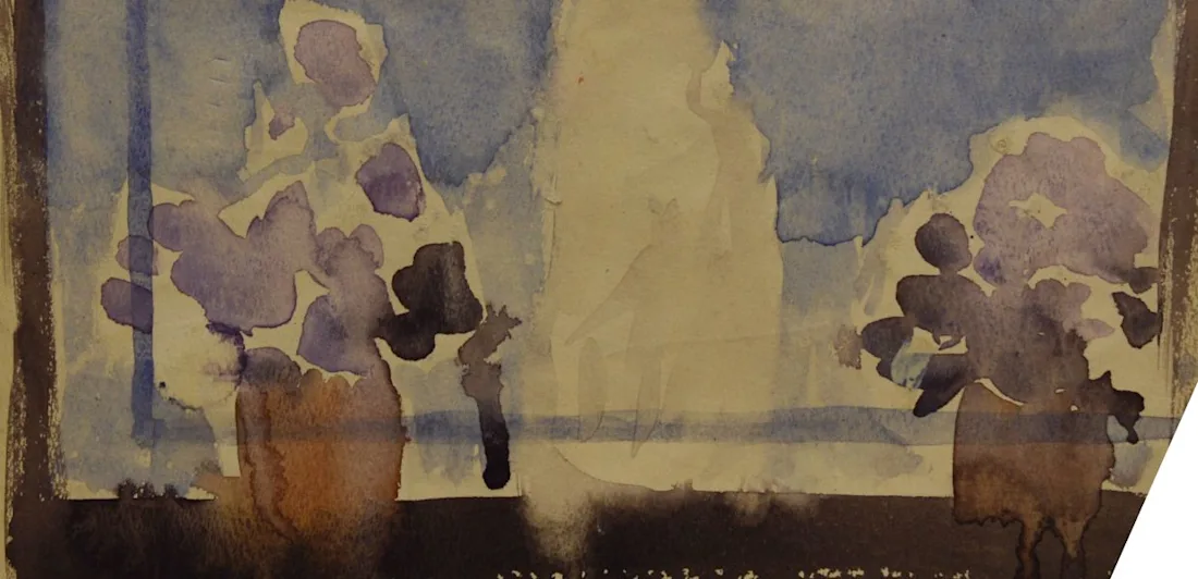 Purple flowers in brown pots on a window sill