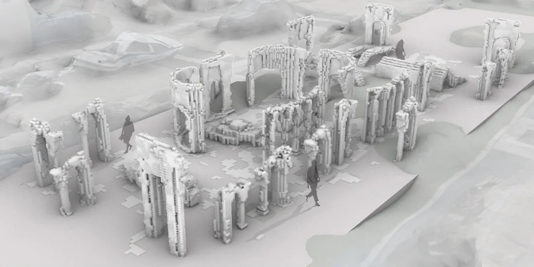 Ruins of a building depicted in a 3D programme
