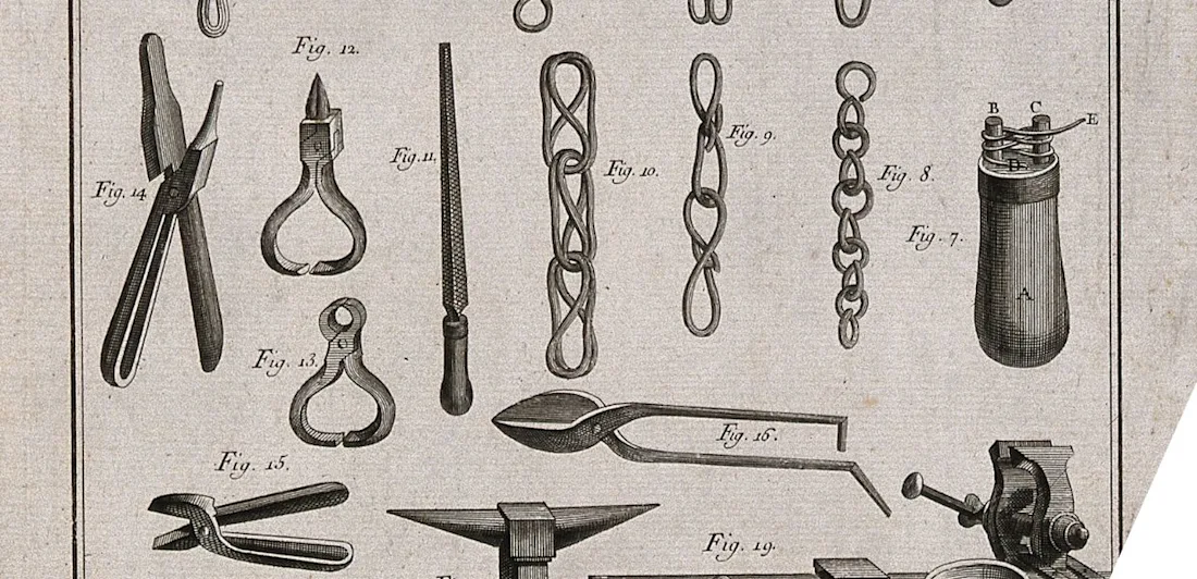 Antique engraving showing various metalworking tools and chains, labeled with figure numbers on a workbench.