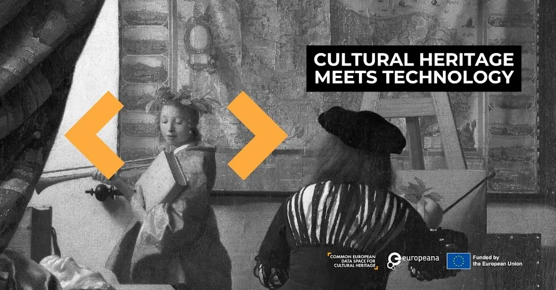 Black-and-white painting with two people, overlaid with bold text: Cultural Heritage Meets Technology.