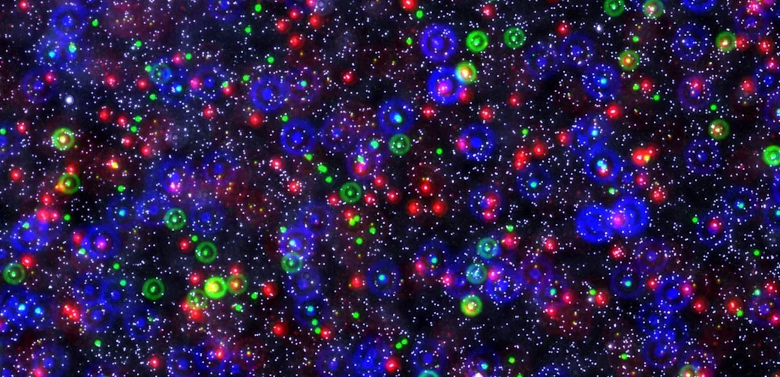 Colorful glowing dots and rings in blue, green, and red scattered across a dark, starry background.