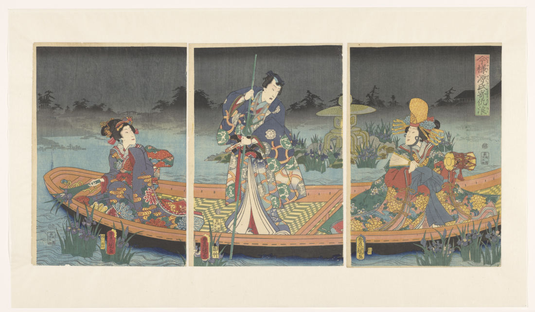 Genji and two women on a barge, floating in between irises