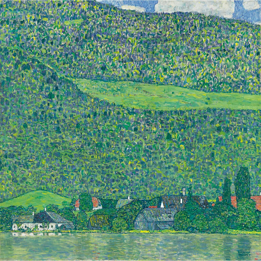 colour stylised painting of buildings by a lake, with forested hills behind