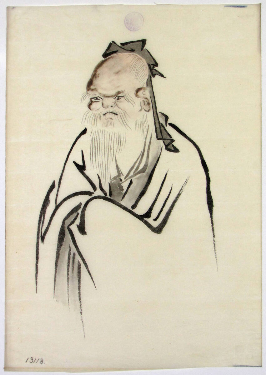A chinese ink drawing of a man in robes, with a grumpy expression and a long white beard.