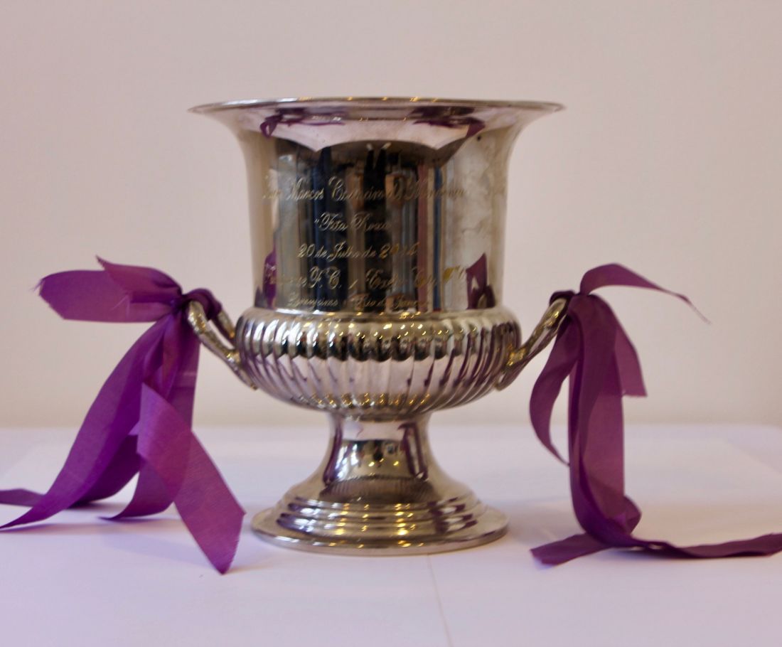 kulplara bağlı iki mor kurdele ile bir kadeh şeklinde gümüş bir kupanın renkli fotoğrafı