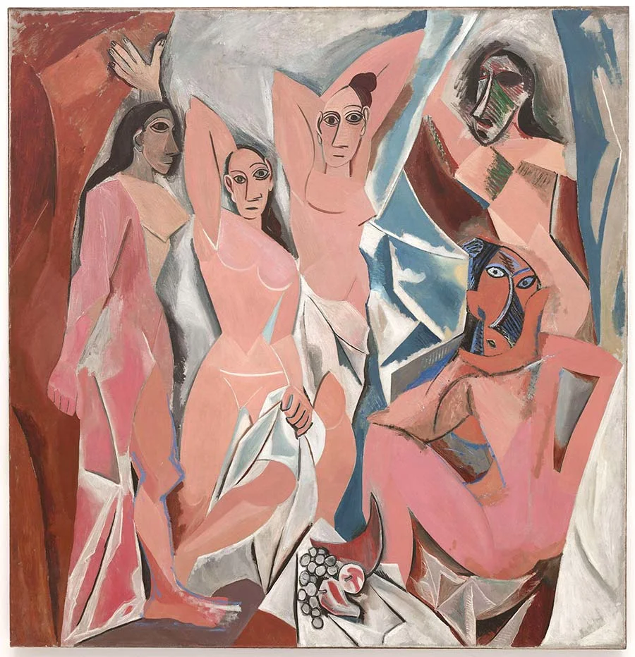 colour painting with five female figures depicted in a Cubist art style