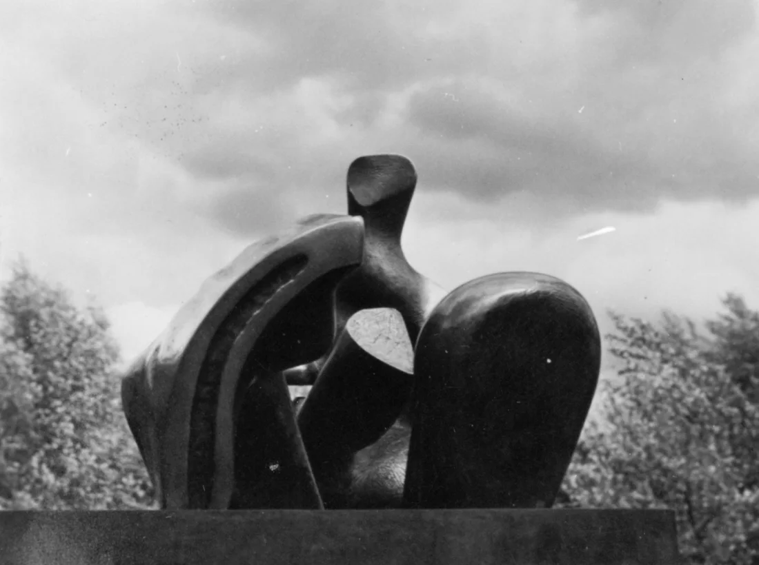 black and white photograph of an outdoor abstract sculpture