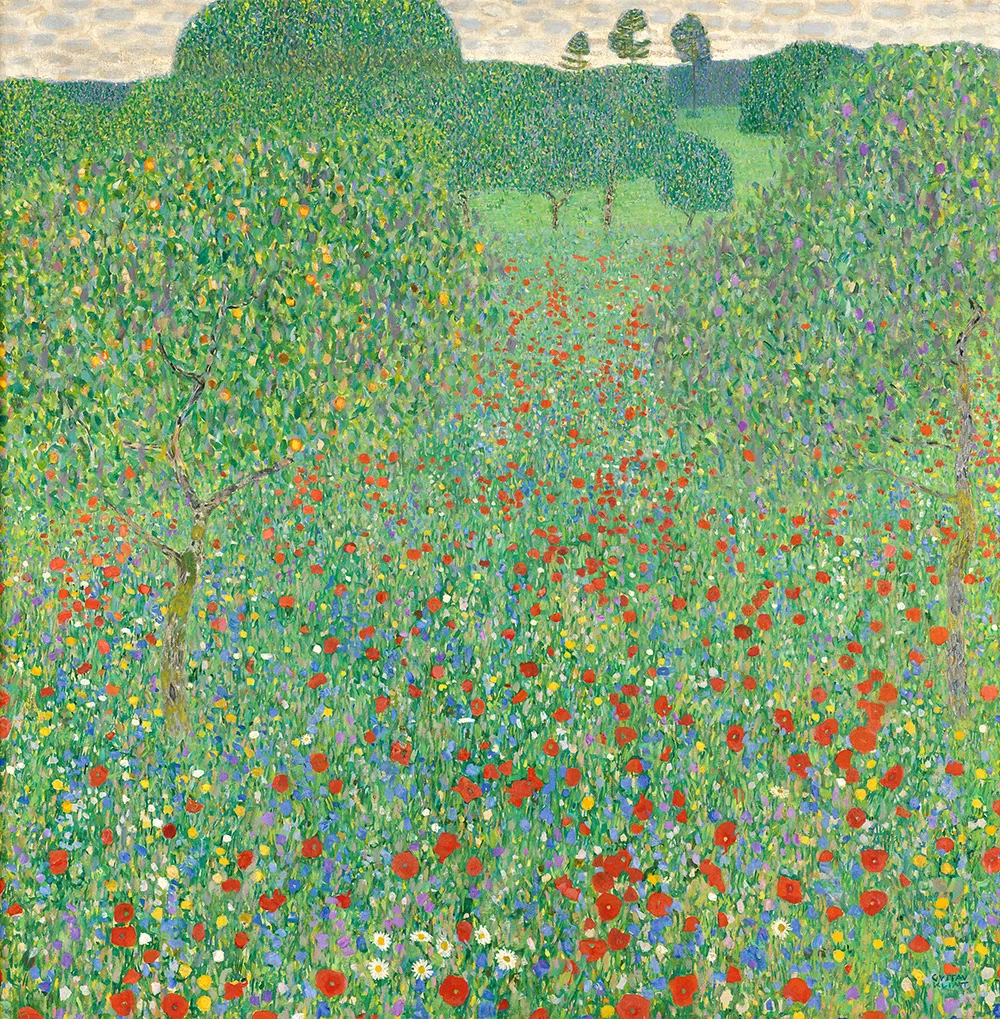 painting of a meadows with flowers, including red poppies