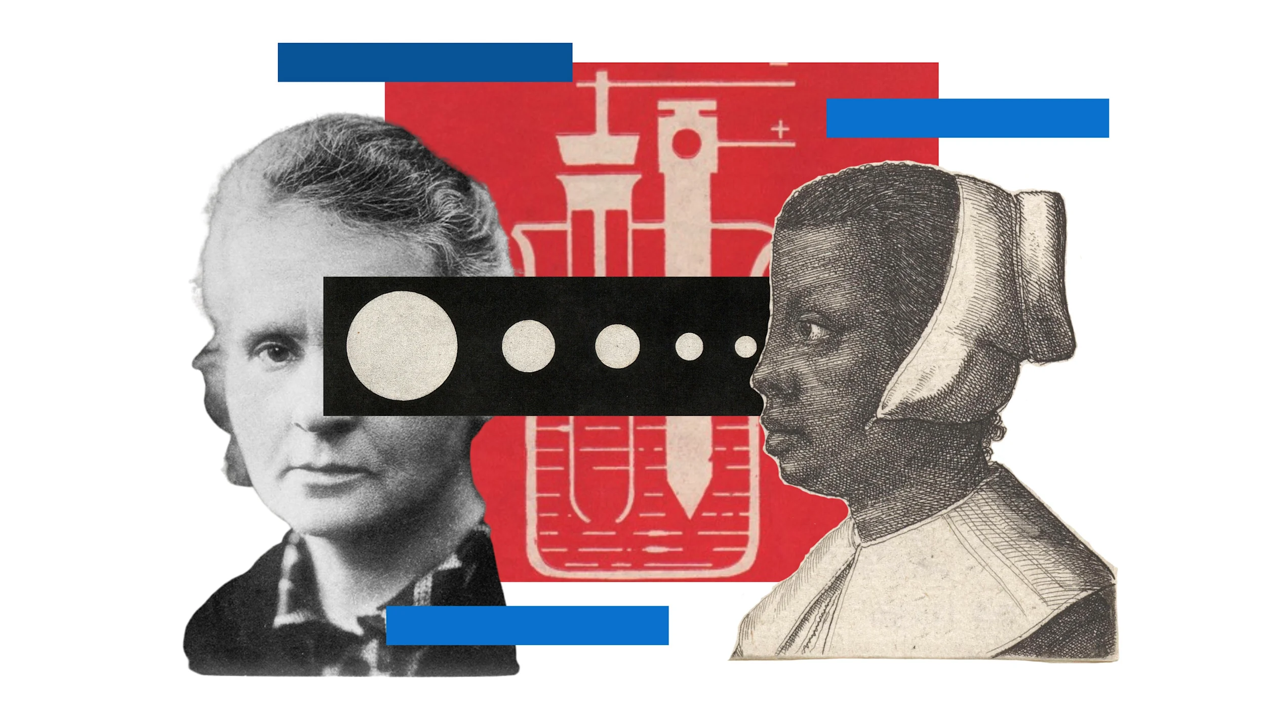 Collage of two women, scientific beakers, and abstract geometric shapes on a red and white background.