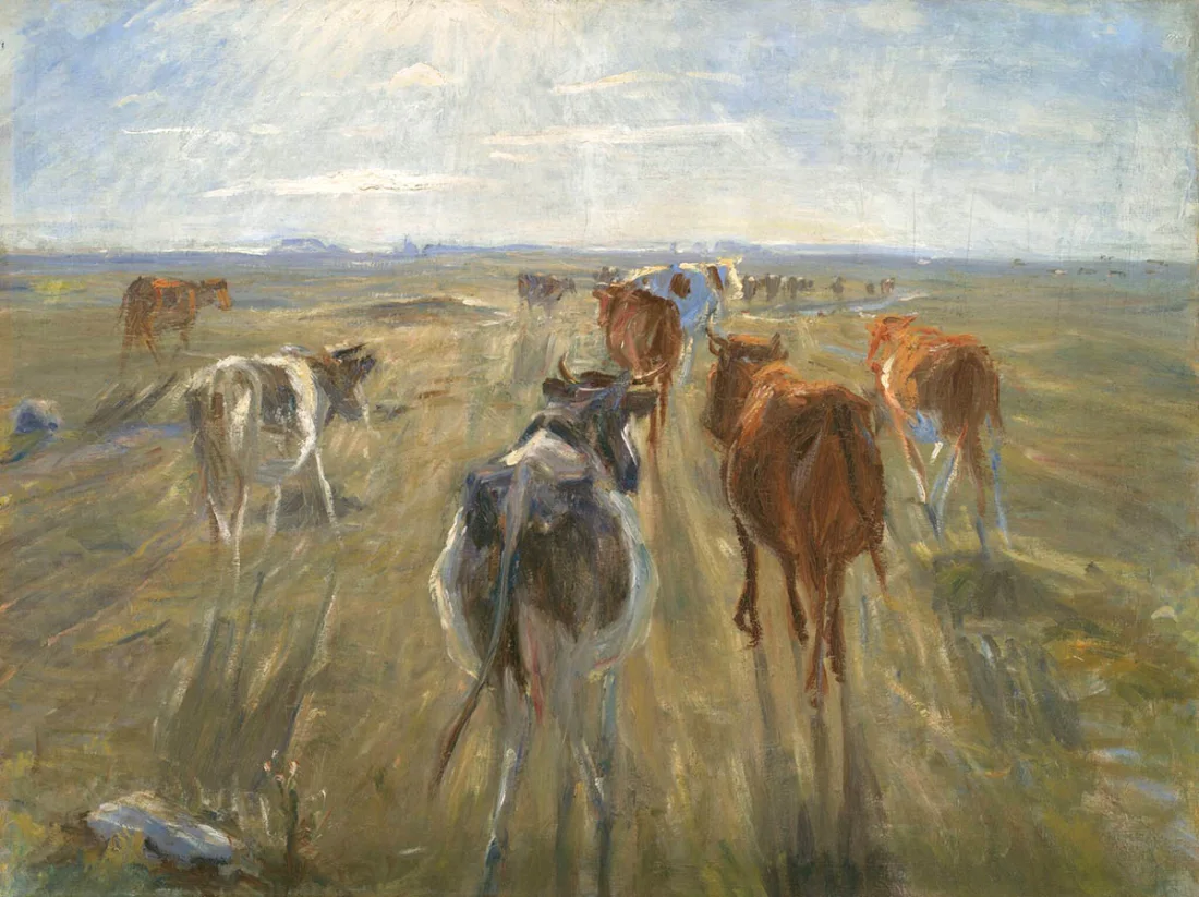 colour painting, cows running away from the viewer in a field under a blue sky with clouds