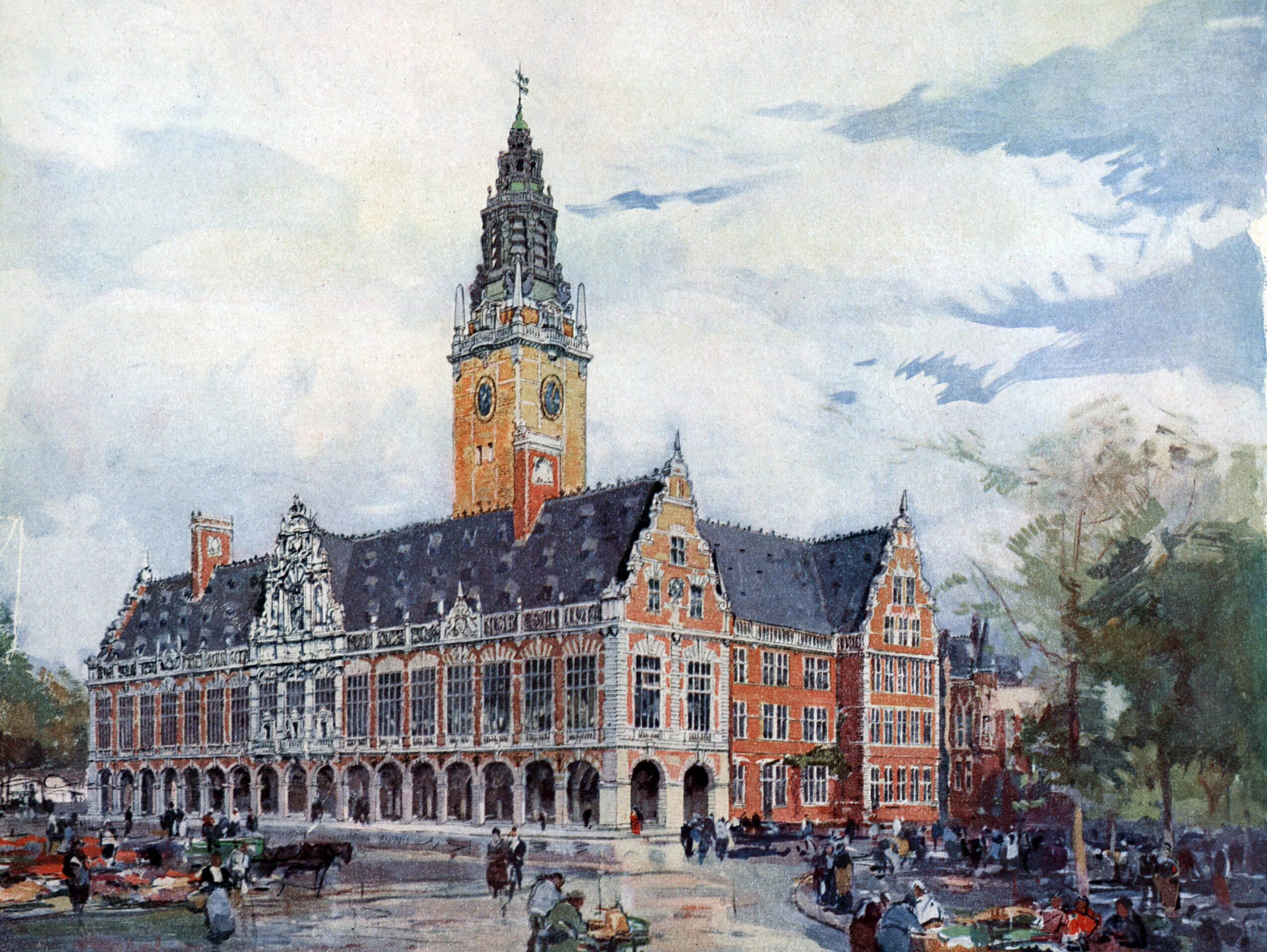Watercolour painting of the university library of Leuven, a building with a tall clock tower, people, and carriages in front.