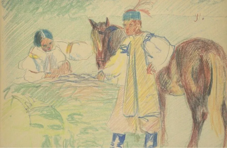  Two people with a horse in the countryside