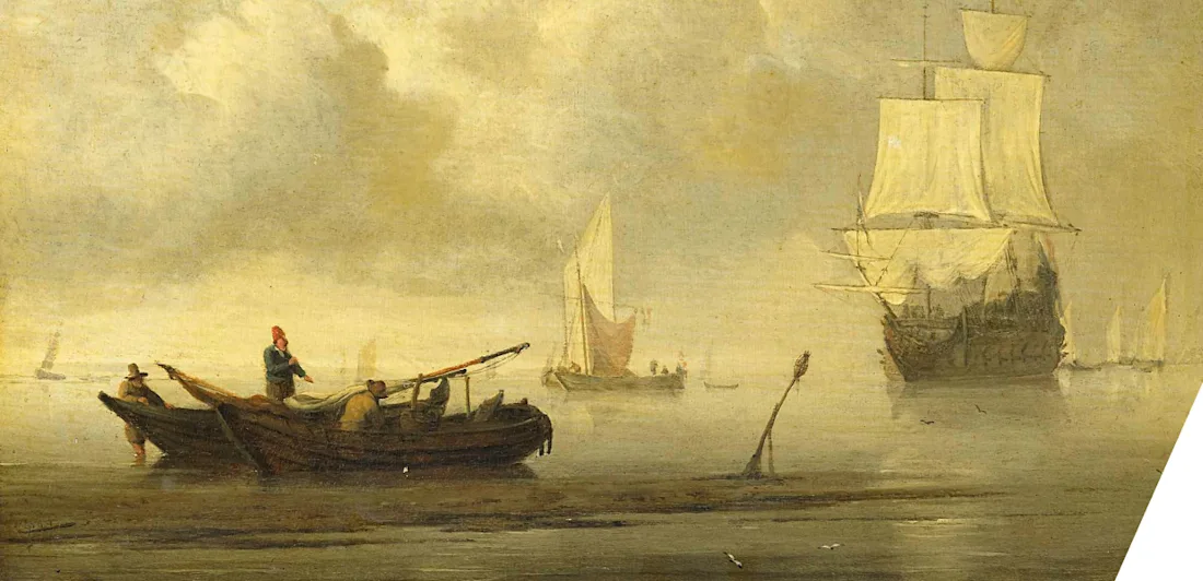Two sailing ships and a rowing boat on a calm sea