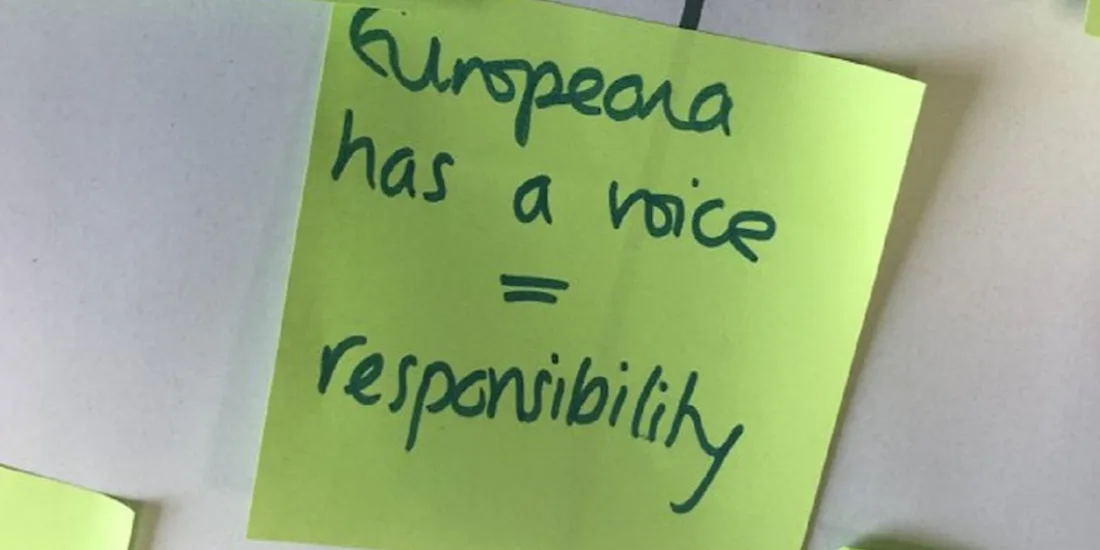 Post it note with words Europeana has a voice = responsibility