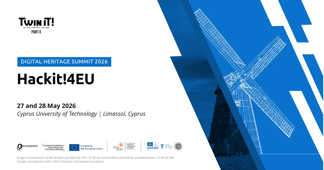 Digital Heritage Summit 2026, Hackit!4EU event details, with a windmill illustration and sponsor logos.