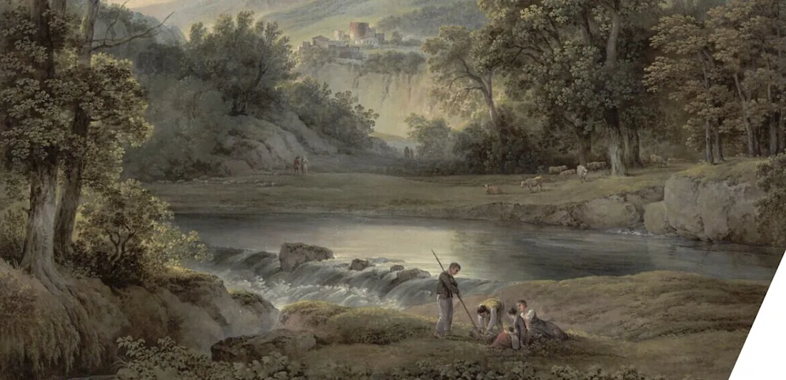 A landscape dominated by mountains and oak trees
