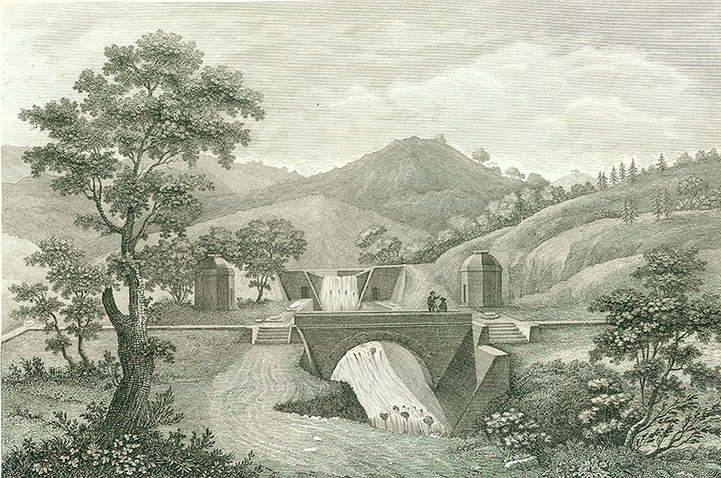 black and white illustration of a bridge with water flowing below