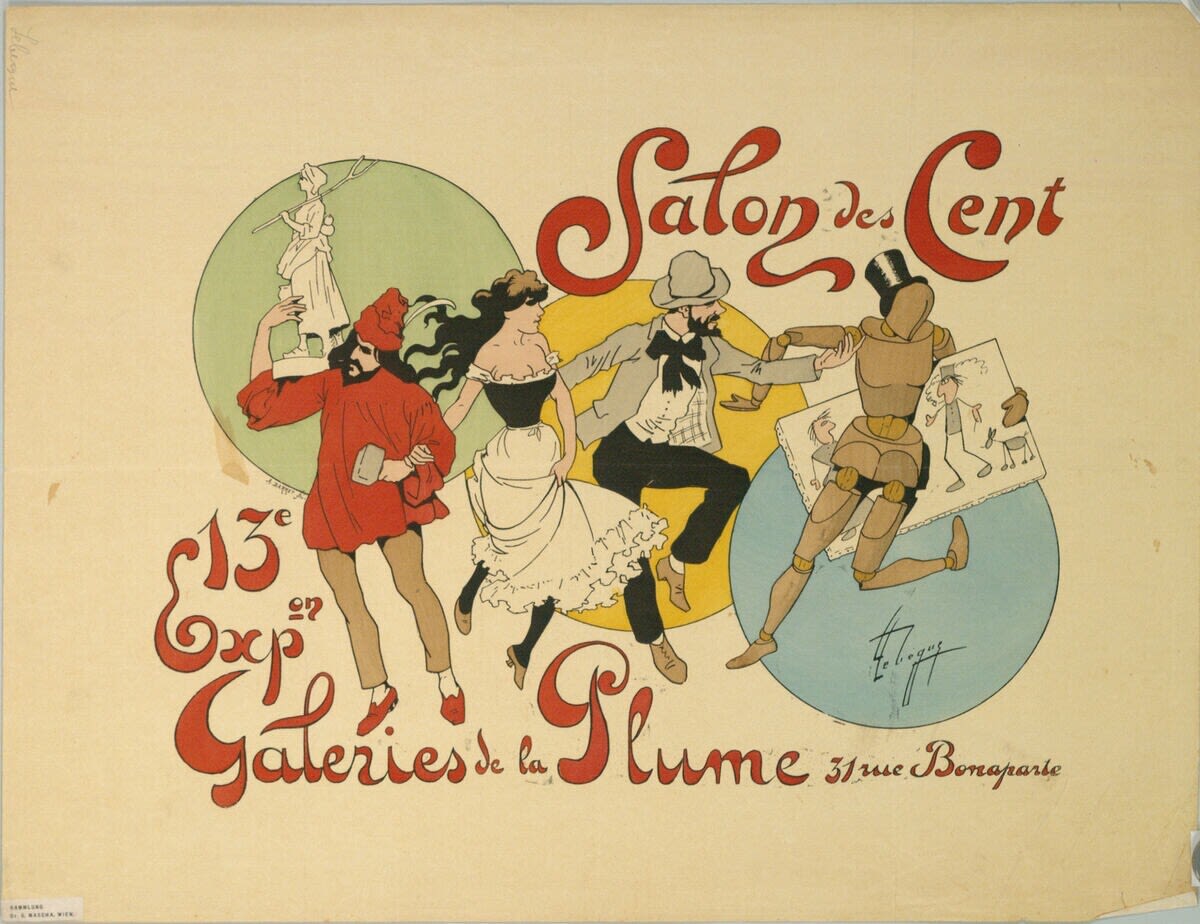 Colourful poster with four dancing figures, including two men, a woman and a human-sized articulated wooden doll. It reads "Salon des Cent, 13e Exposition, Galeries de la Plume, 31 rue Bonaparte". 