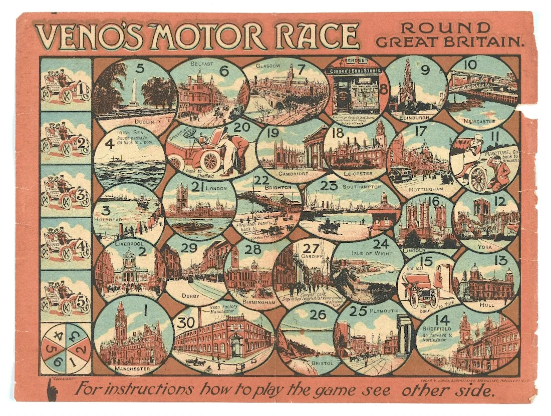 Vintage board game titled "Veno's Motor Race" with illustrated route circles across Great Britain.