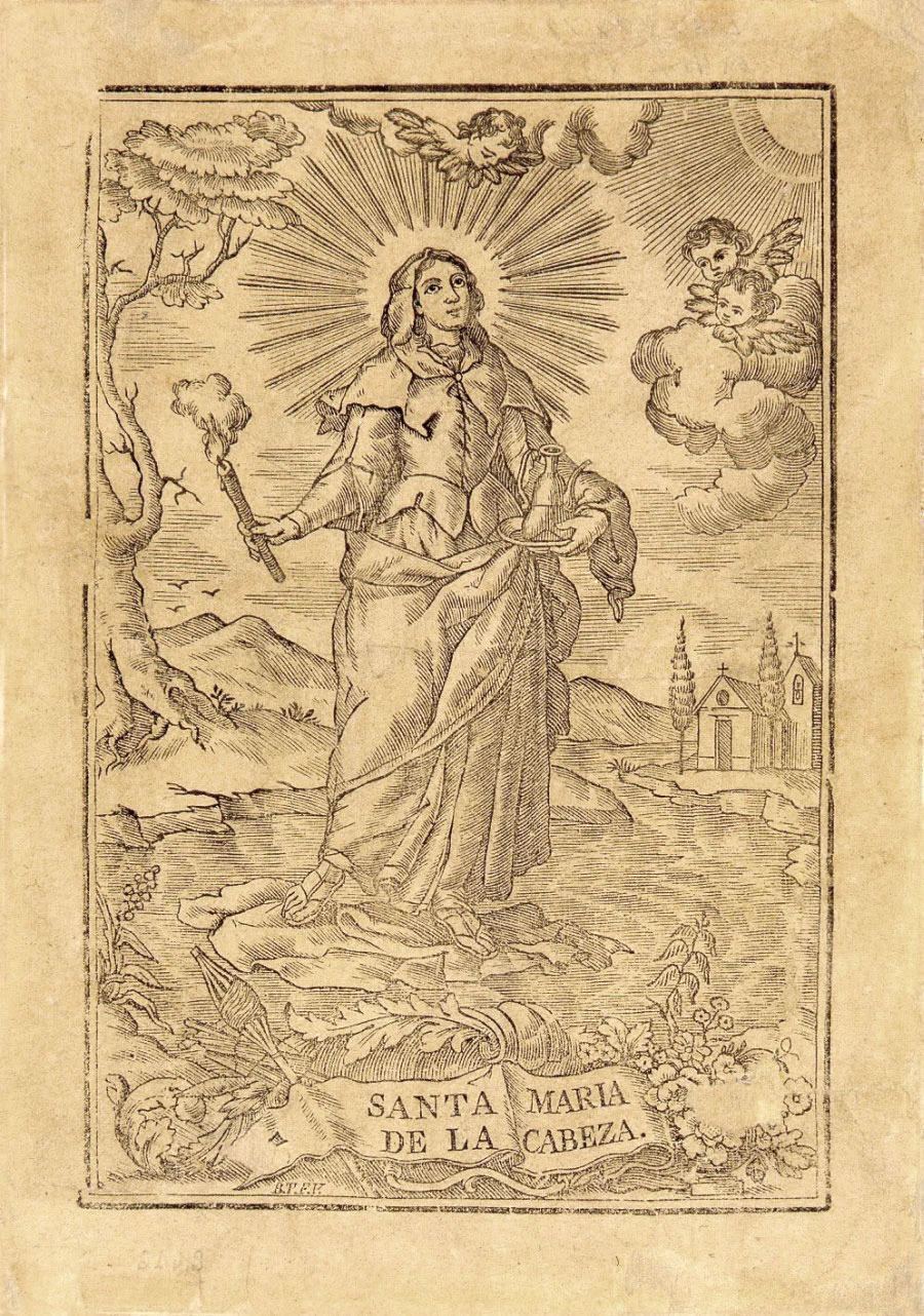 ilustración en blanco y negro, una mujer de pie sobre las rocas en un río, sostiene una vela y una lámpara de aceite con un halo alrededor de su cabeza.