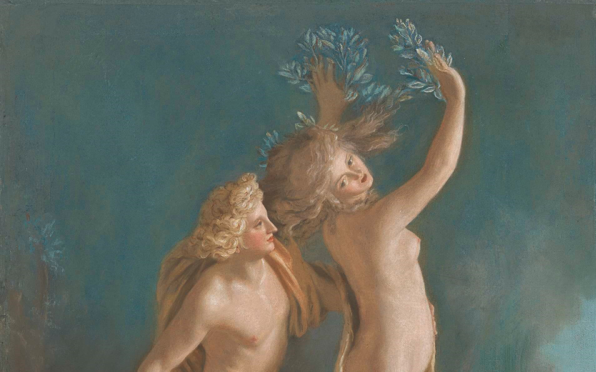 an oil painting showing two nude women, one holding the other while the other's hands sprout laurel leaves.