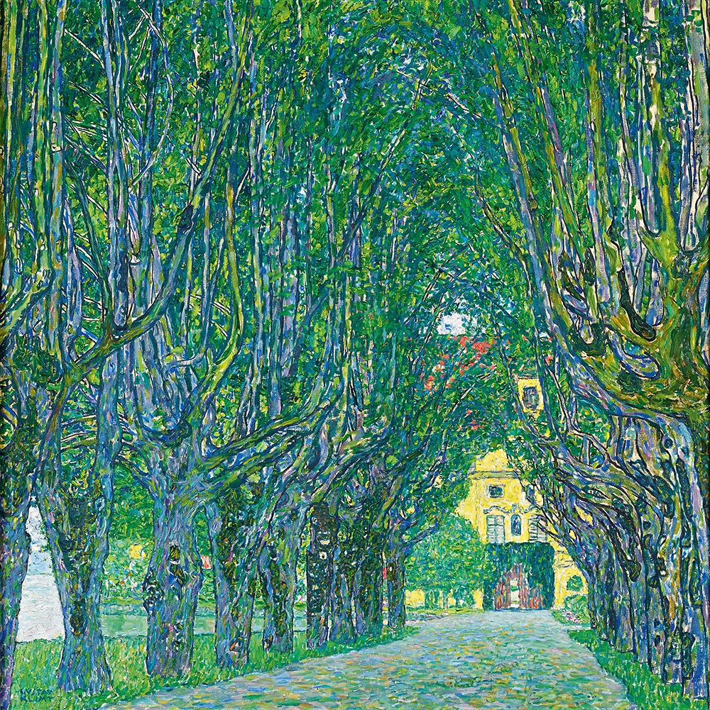 colour painting showing a driveway to a house with trees whose branches create an arch effect over the driveway