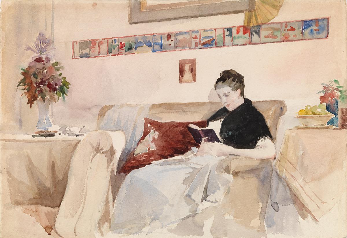 watercolour of a woman reading on a sofa.